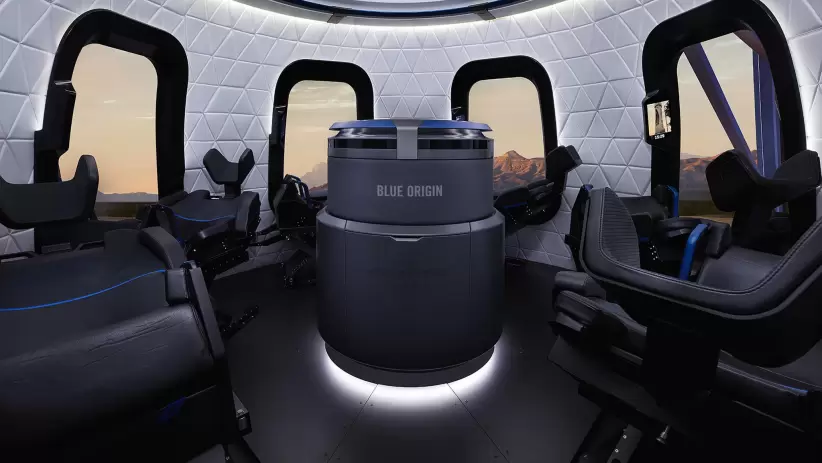 interior de la capsula New Shepard de Blue Origin.