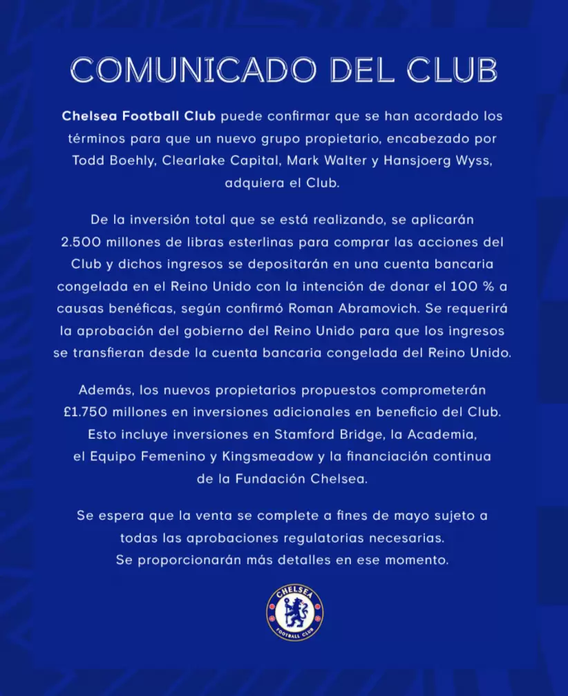 El comunicado oficial del Chelsea para anunciar la venta a Todd Boehly.