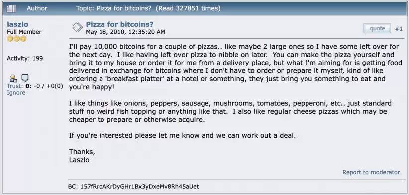 El mensaje original de Hanyecz que da vida al Bitcoin Pizza Day