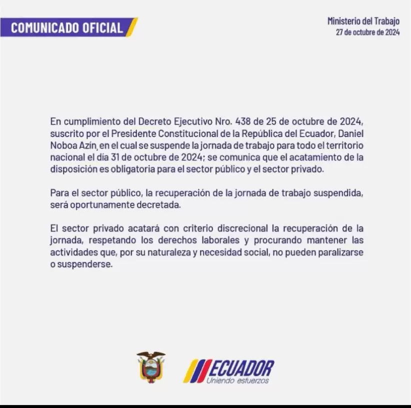 Comunicado del Ministerio de Trabajo