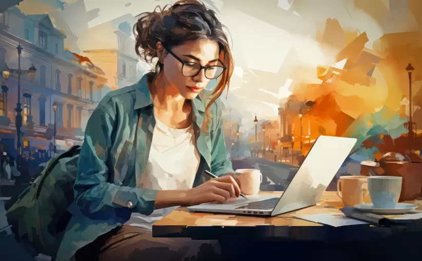 ai generado, mujer, computadora porttil, trabajo remoto, hombre de influencia, escritor de viajes, mrketing, comunicacin, trabajo remoto, trabajo r