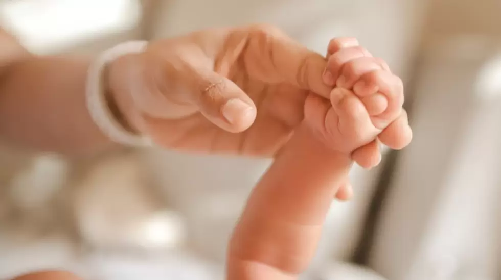 Conmovedora imagen de un recin nacido sosteniendo el dedo de un adulto, simboli
