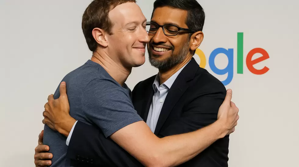 Mark Zuckerberg (Meta) abrazando a Sundar Pichai (Google) - Imagen creada con IA