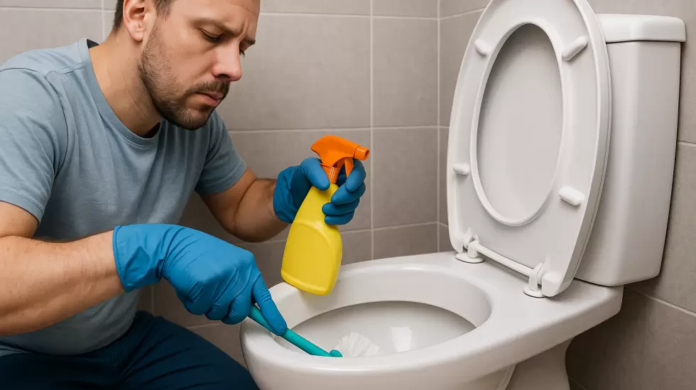 Empleado limpiando el inodoro