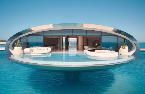 Dentro del futurista Shebara Resort en Arabia Saudita con hospedajes con espejos sobre el agua