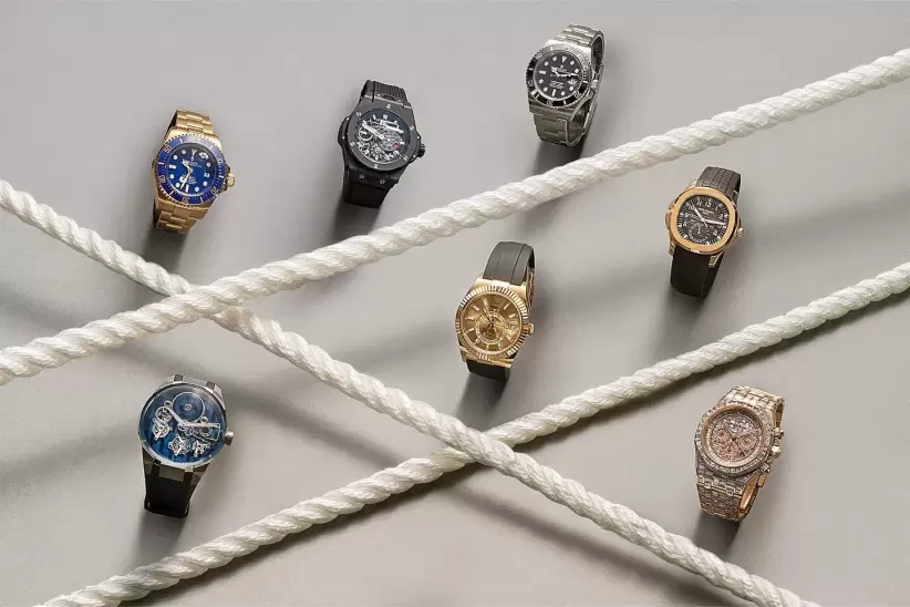Relojes Knockout: La colección de Crawford incluye (en sentido horario desde arriba a la izquierda) un Rolex Deepsea, Hublot Big Bang Meca-10, Rolex S