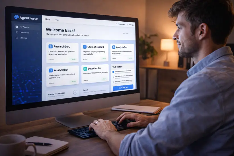 Empleado usando su computadora en su casa, home office, teletrabajo, agentes de IA