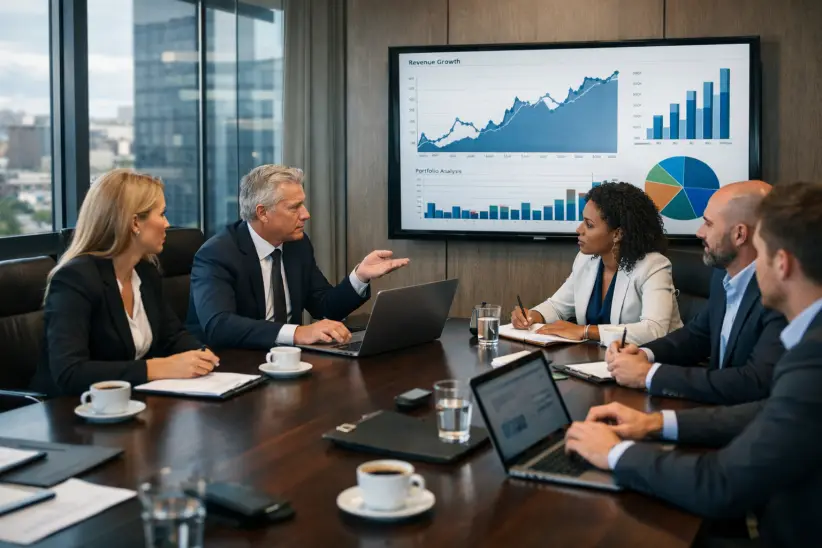 Grupo de profesionales en una firma de capital privado reunidos en una sala de juntas (Imagen creada con IA)