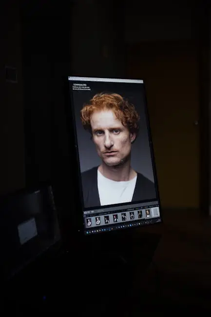 Una pantalla de computadora que muestra un retrato que se está editando en una habitación con poca luz.