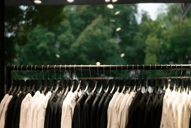 Una exhibición de ropa moderna con camisas blancas y negras en perchas dentro de una tienda de moda. (Foto: Pexels)