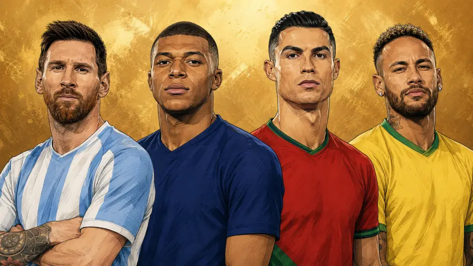 Messi, Mbappé, Cristiano, Neymar (Imagen creada con IA)