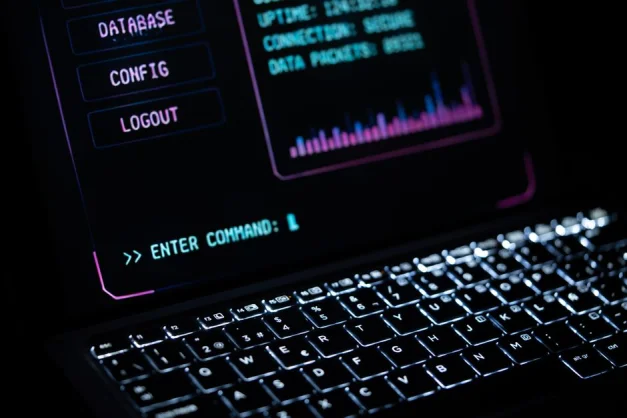 Primer plano de un teclado de ordenador portátil iluminado con interfaz digital, que representa tecnología futurista.